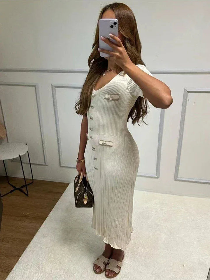 Vestito lungo donna con bottoni e scollo a V