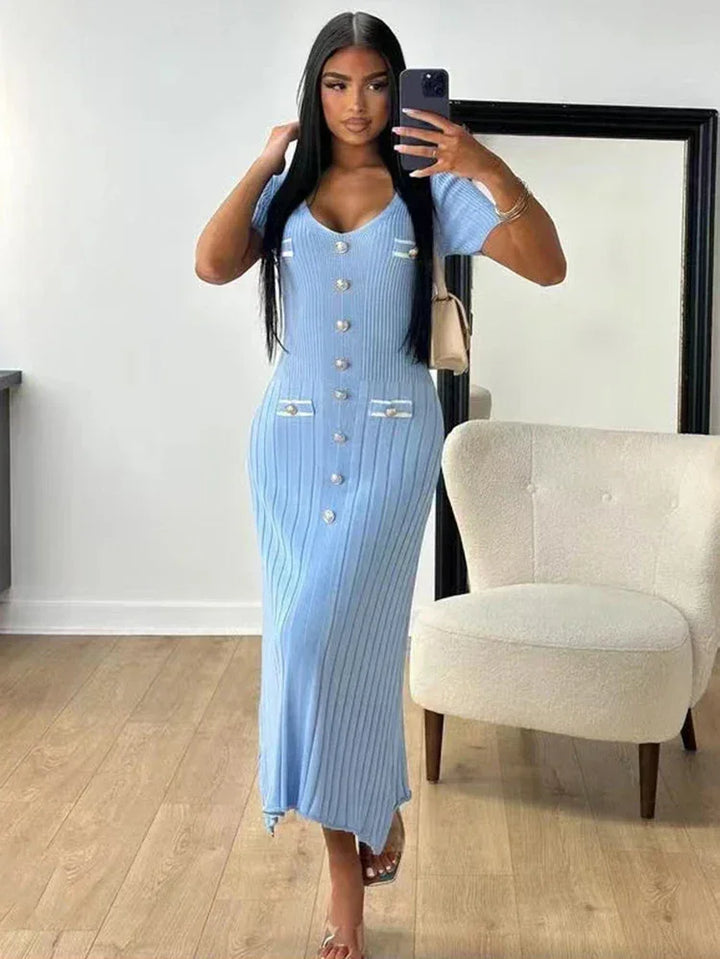 Vestito lungo donna con bottoni e scollo a V