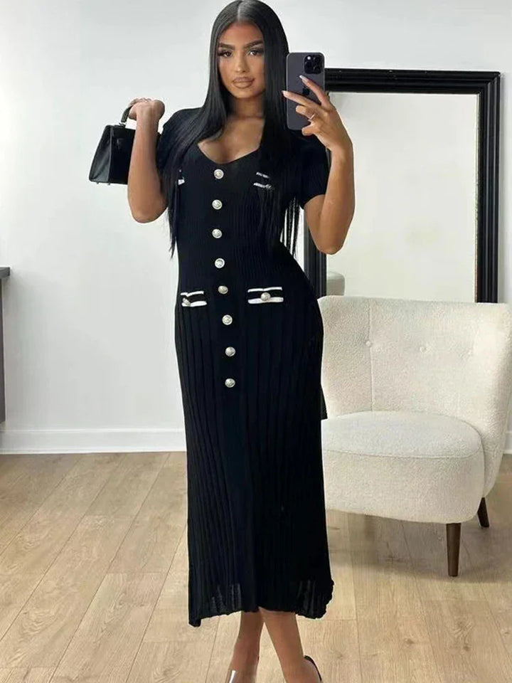 Vestito lungo donna con bottoni e scollo a V