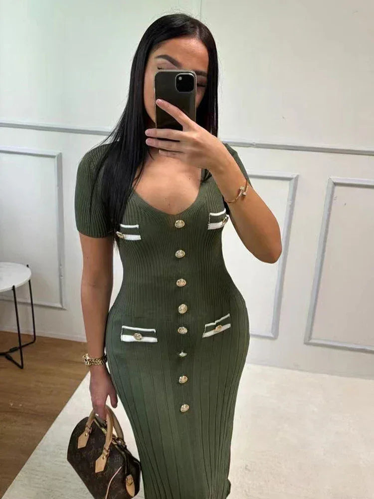 Vestito lungo donna con bottoni e scollo a V
