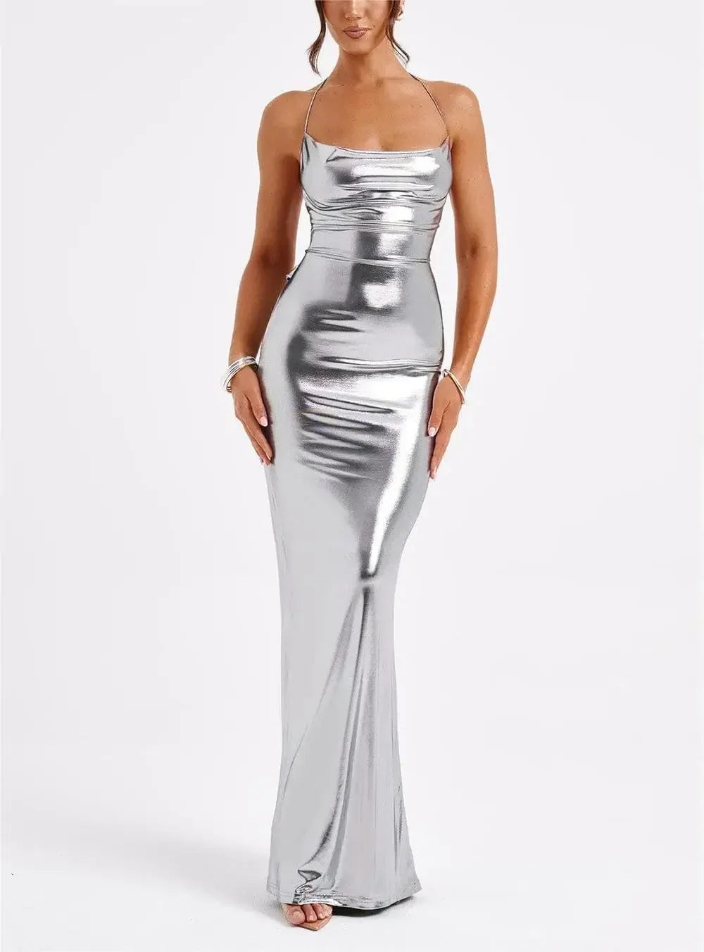Vestito lungo donna con bretelle ed effetto metallizzato