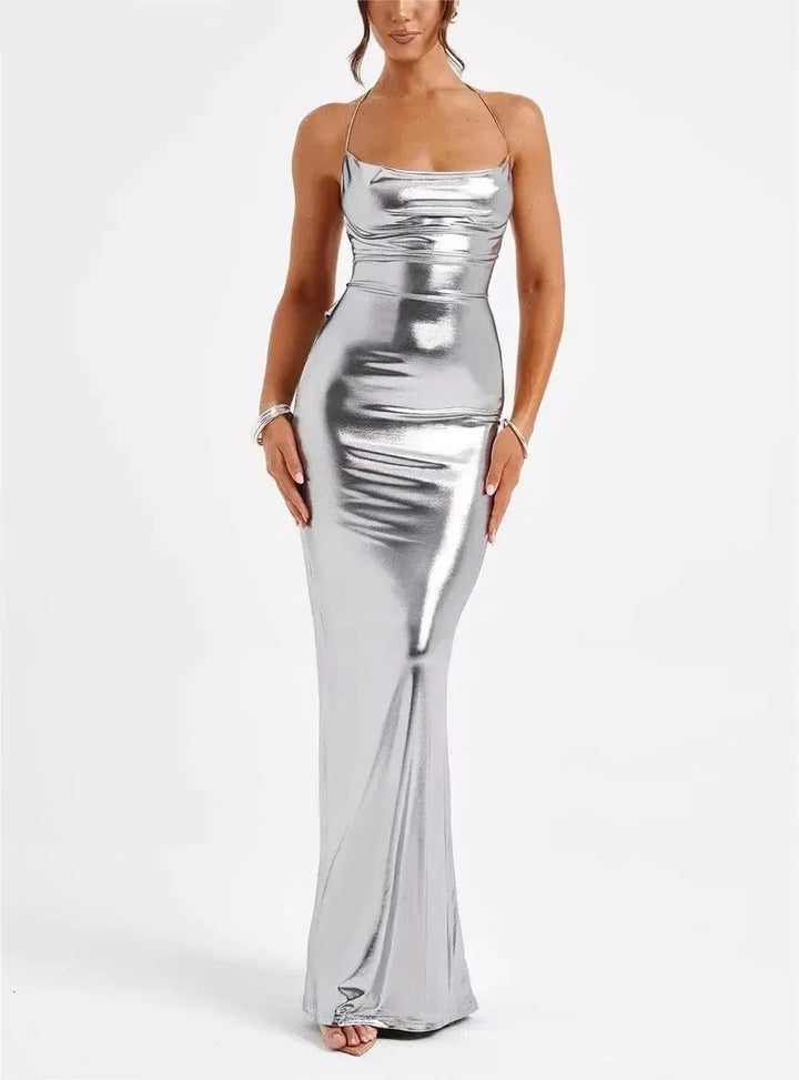 Vestito lungo donna con bretelle ed effetto metallizzato