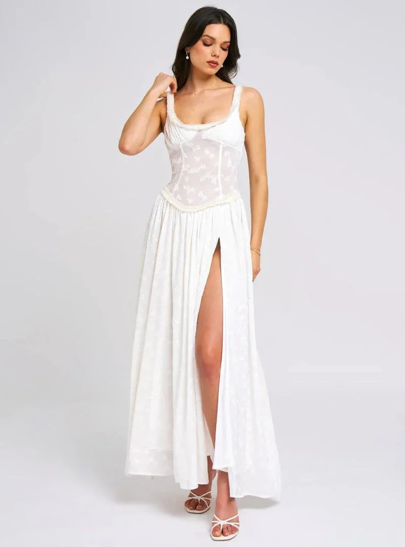 Vestito lungo donna con spalline e spacco alto