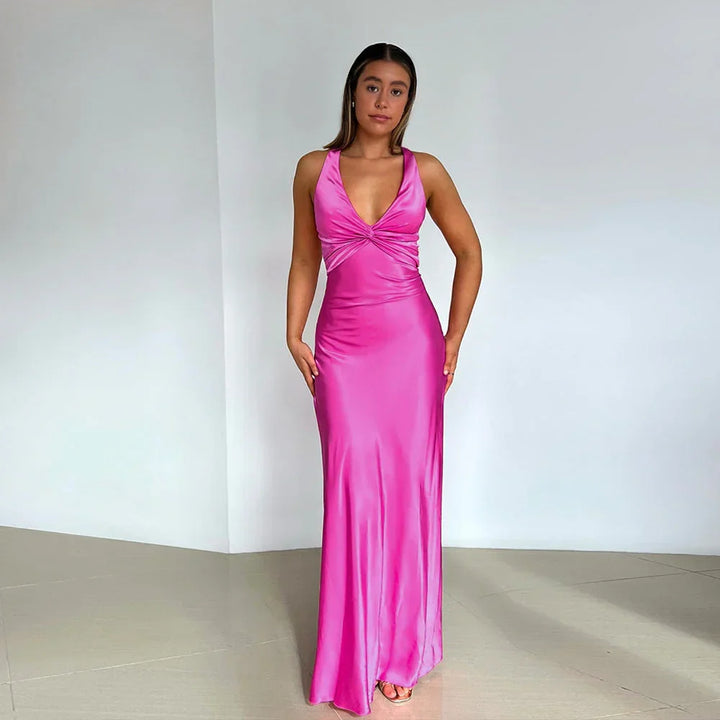 Vestito maxi donna con scollatura incrociata e schiena nuda