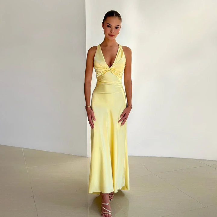 Vestito maxi donna con scollatura incrociata e schiena nuda