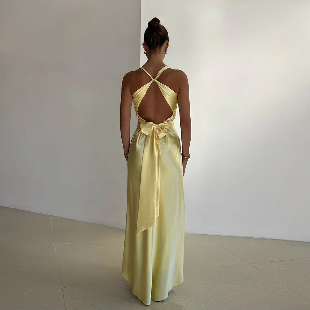 Vestito maxi donna con scollatura incrociata e schiena nuda