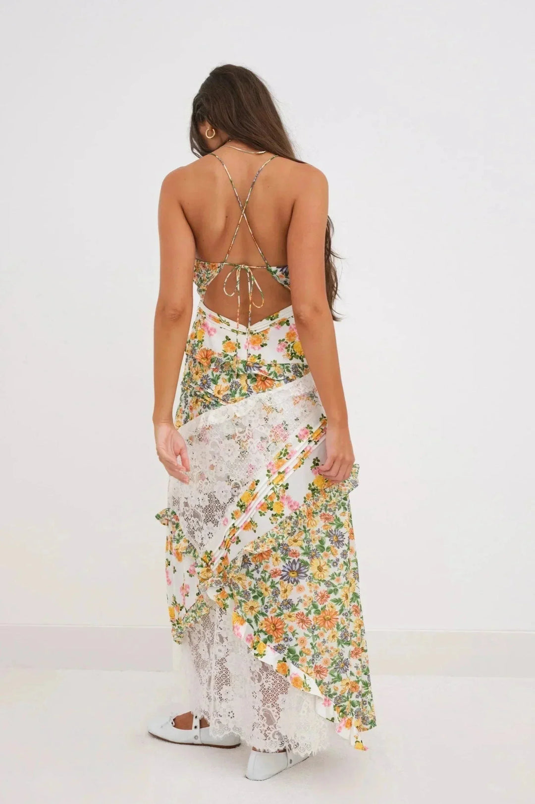 Vestito lungo donna con pizzo e stampa floreale