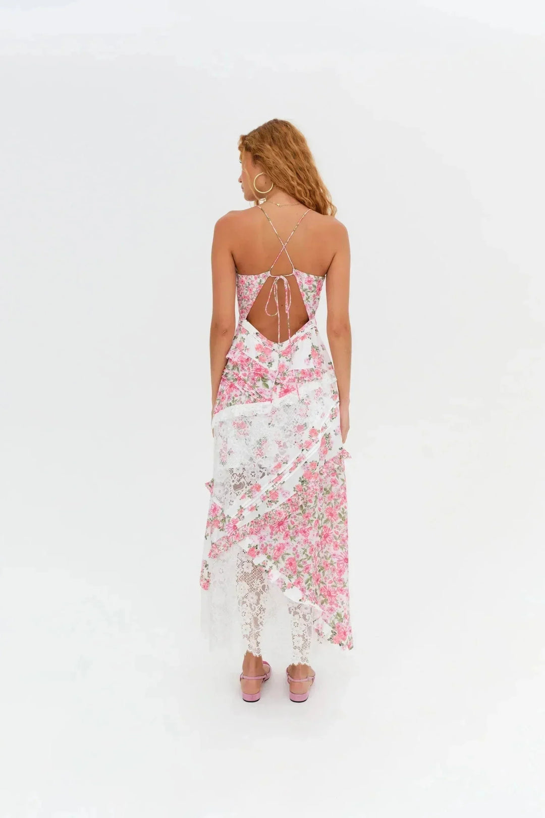 Vestito lungo donna con pizzo e stampa floreale