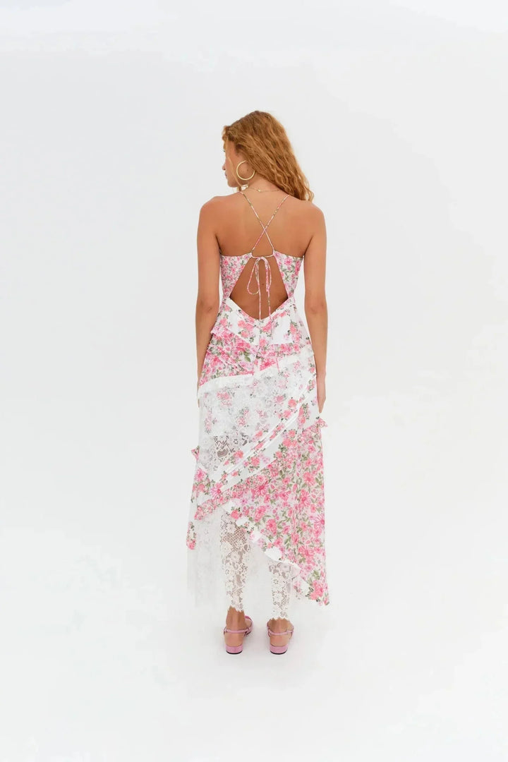 Vestito lungo donna con pizzo e stampa floreale