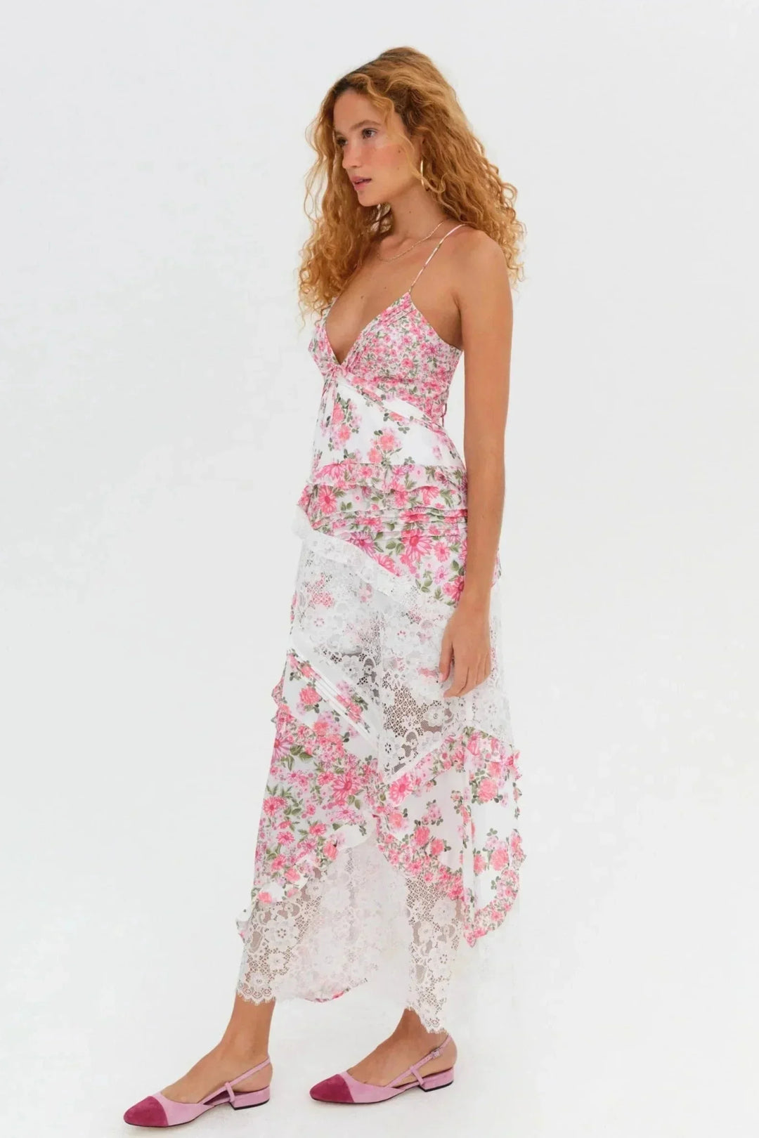 Vestito lungo donna con pizzo e stampa floreale