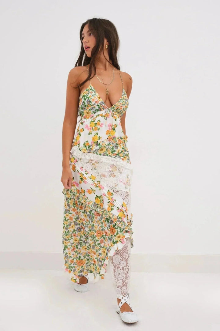 Vestito lungo donna con pizzo e stampa floreale