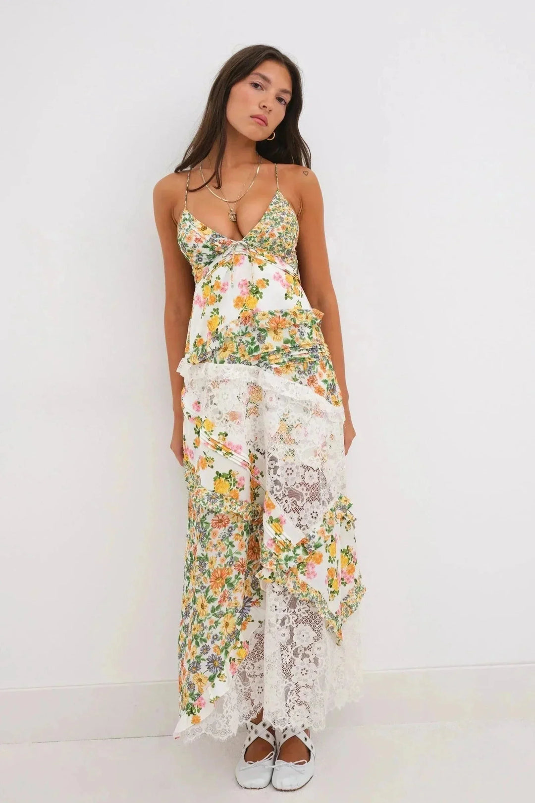 Vestito lungo donna con pizzo e stampa floreale