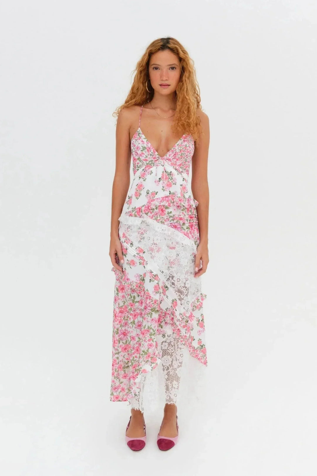 Vestito lungo donna con pizzo e stampa floreale