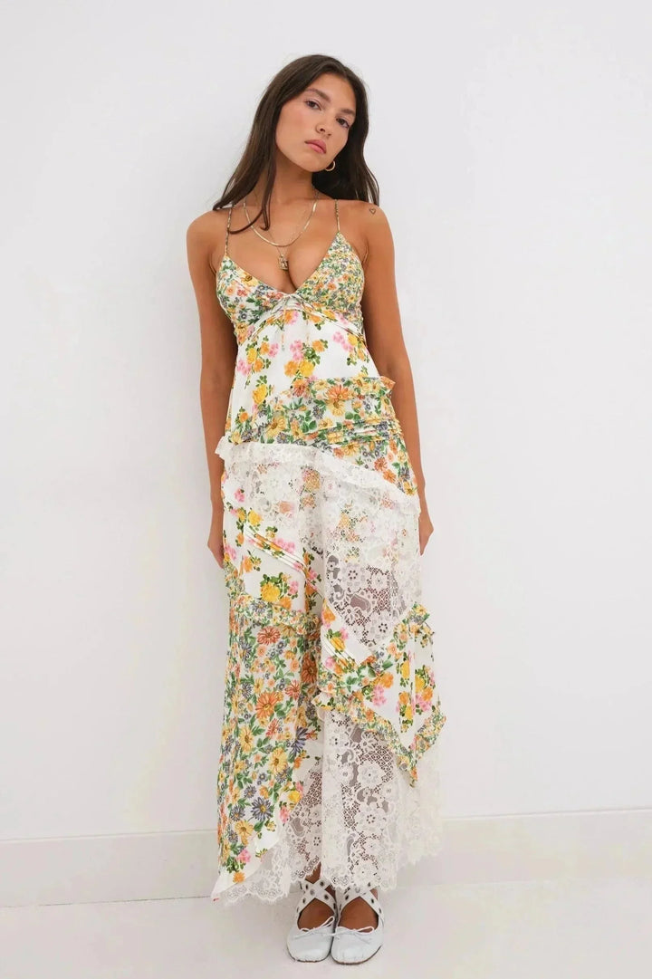Vestito lungo donna con pizzo e stampa floreale