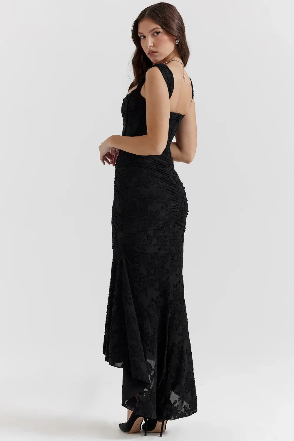Vestito midi da donna con motivo floreale e spalline larghe