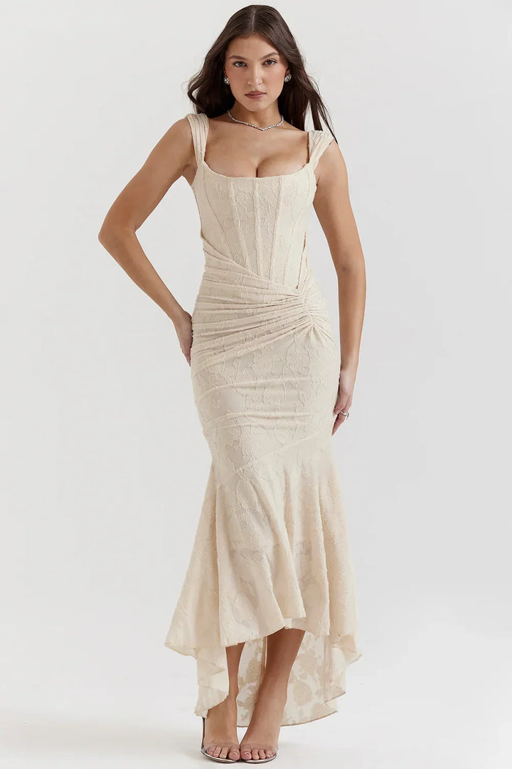 Vestito midi da donna con motivo floreale e spalline larghe