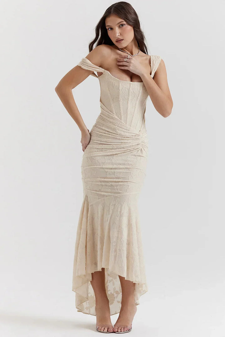 Vestito midi da donna con motivo floreale e spalline larghe