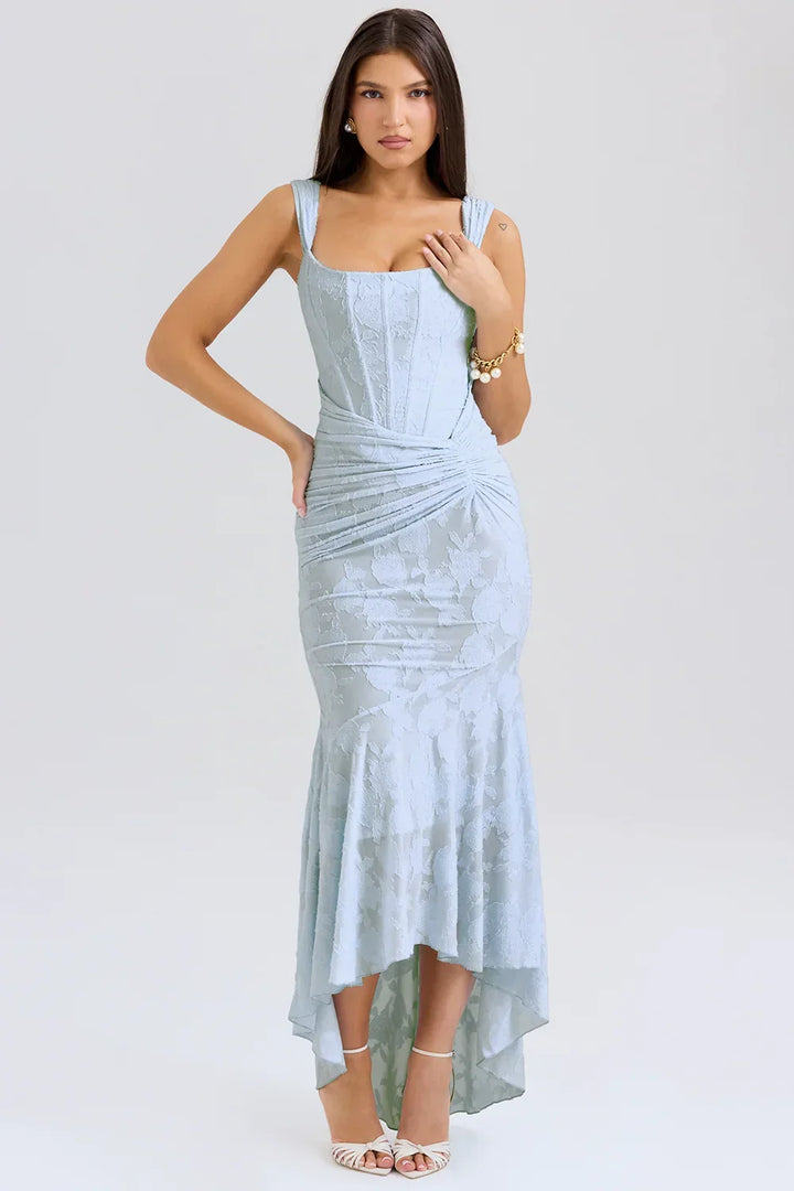 Vestito midi da donna con motivo floreale e spalline larghe