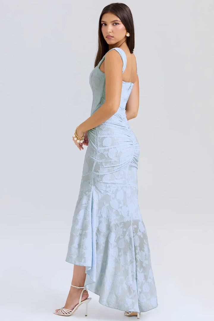 Vestito midi da donna con motivo floreale e spalline larghe