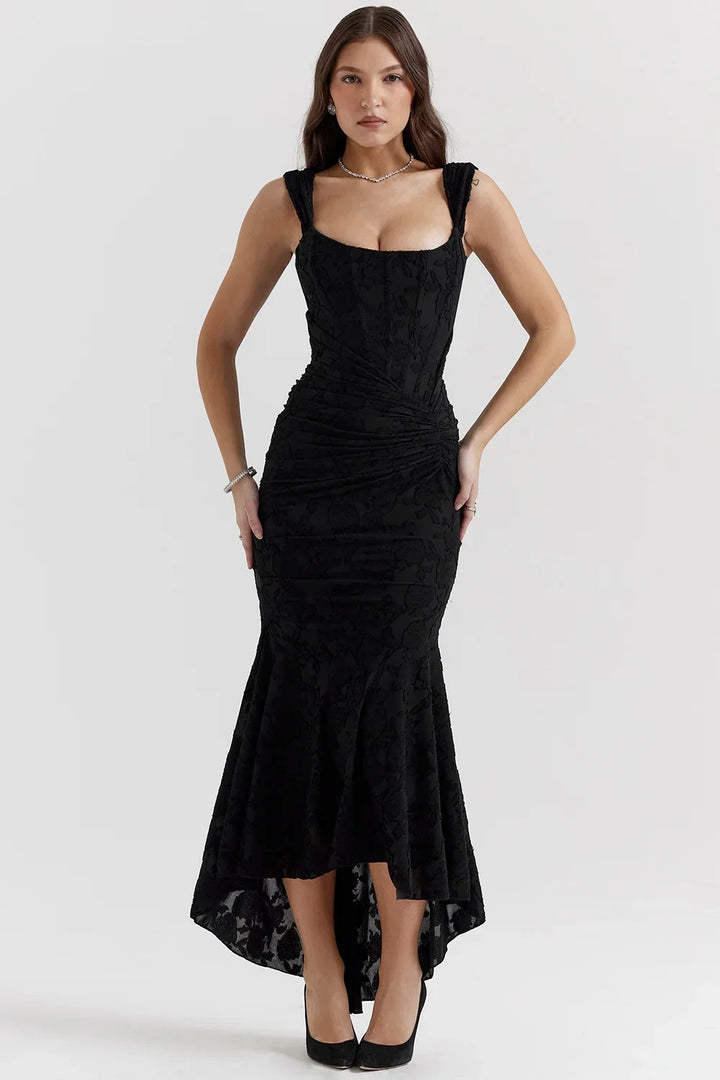 Vestito midi da donna con motivo floreale e spalline larghe