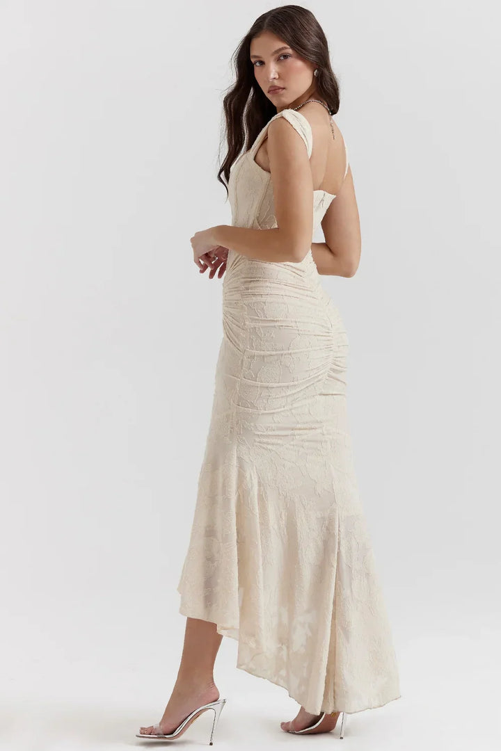 Vestito midi da donna con motivo floreale e spalline larghe