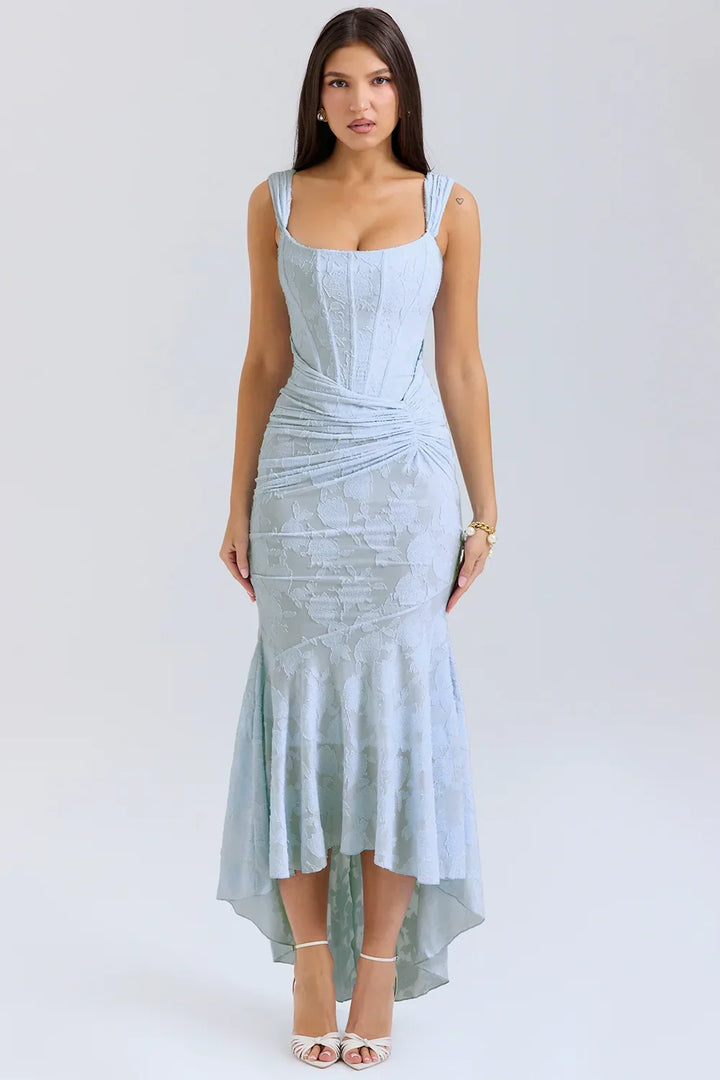 Vestito midi da donna con motivo floreale e spalline larghe