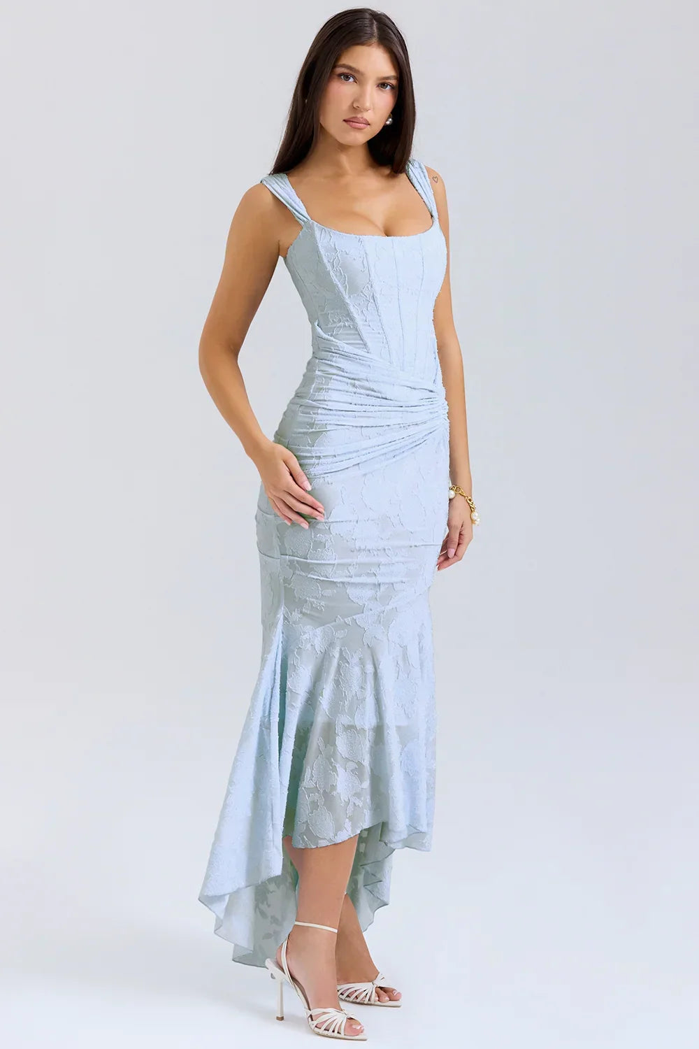 Vestito midi da donna con motivo floreale e spalline larghe