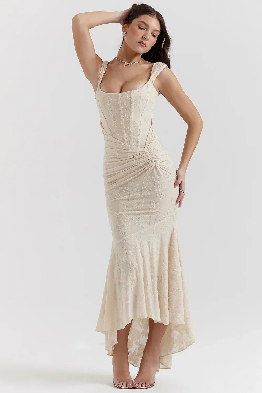 Vestito midi da donna con motivo floreale e spalline larghe