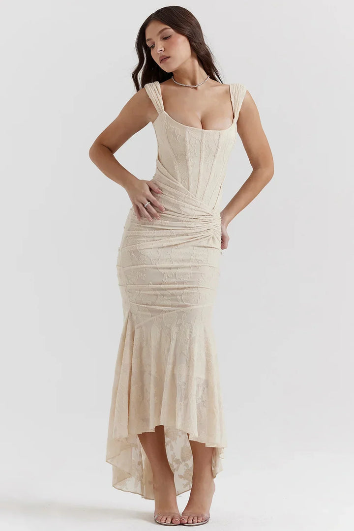 Vestito midi da donna con motivo floreale e spalline larghe