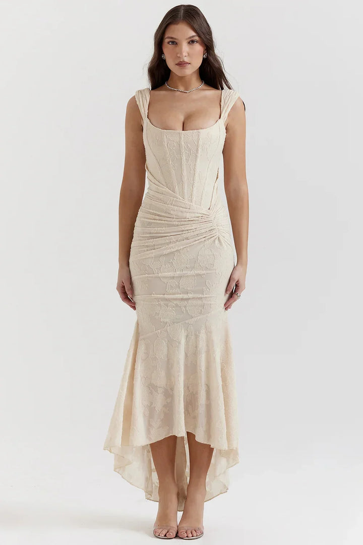 Vestito midi da donna con motivo floreale e spalline larghe