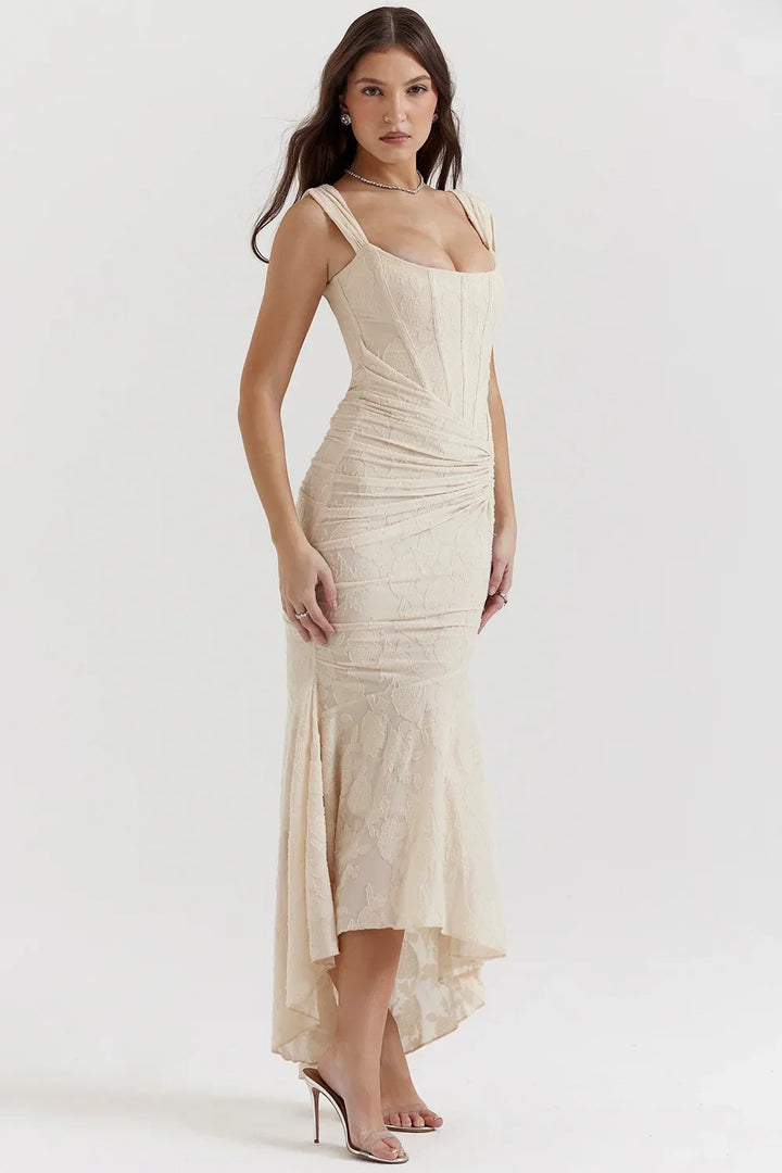 Vestito midi da donna con motivo floreale e spalline larghe