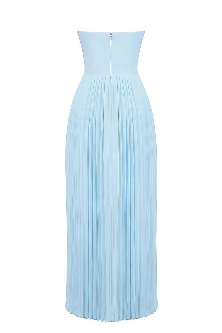 Vestito maxi da donna blu plissettato senza spalline