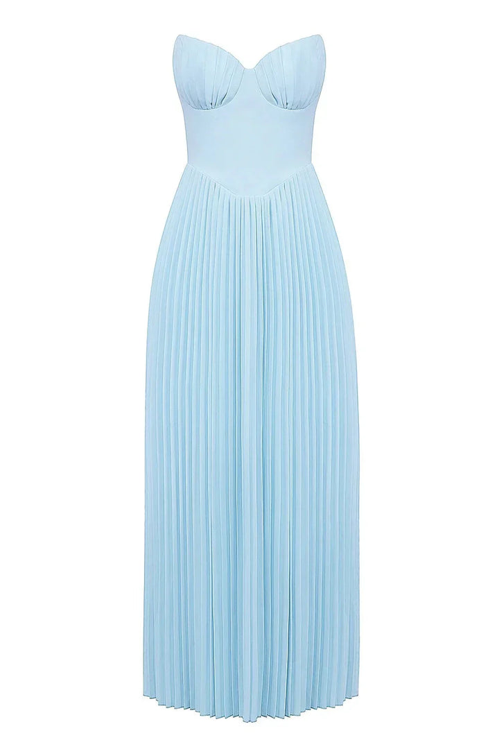Vestito maxi da donna blu plissettato senza spalline