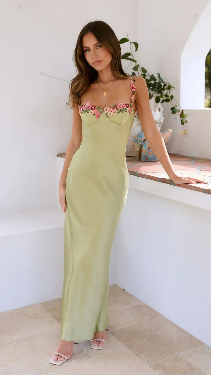 Vestito lungo donna con spalline floreali verde chiaro