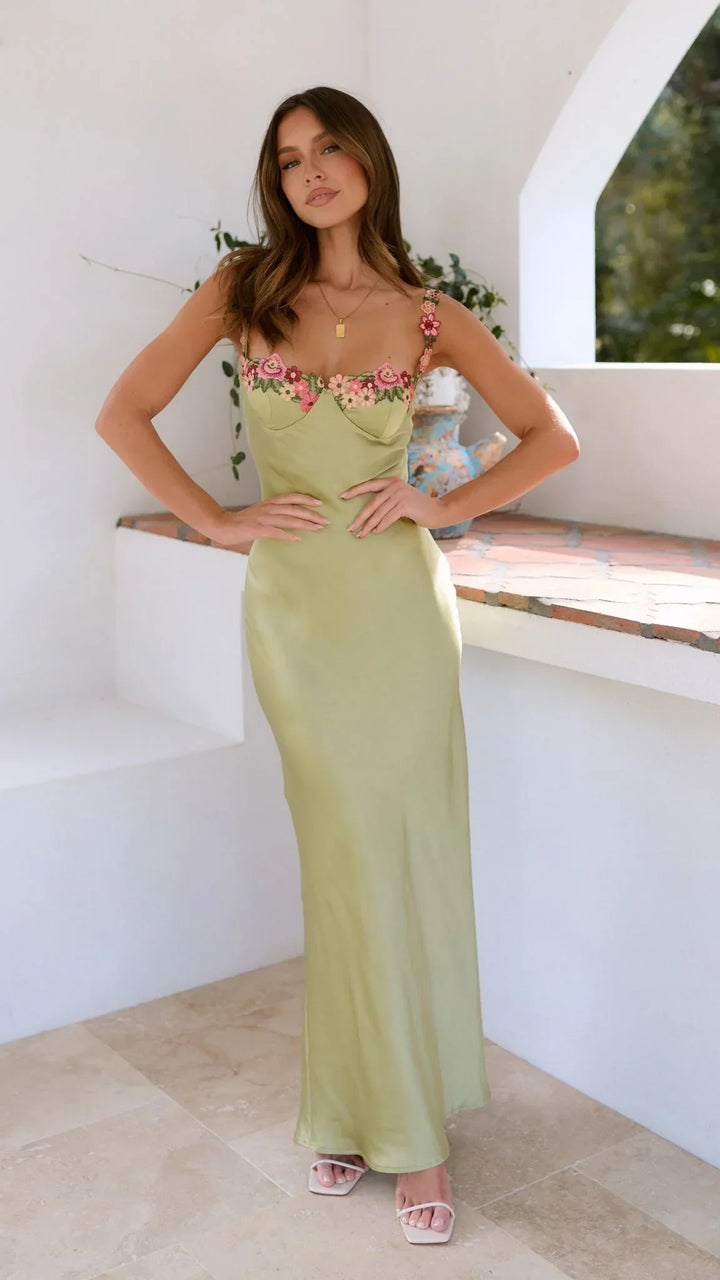 Vestito lungo donna con spalline floreali verde chiaro