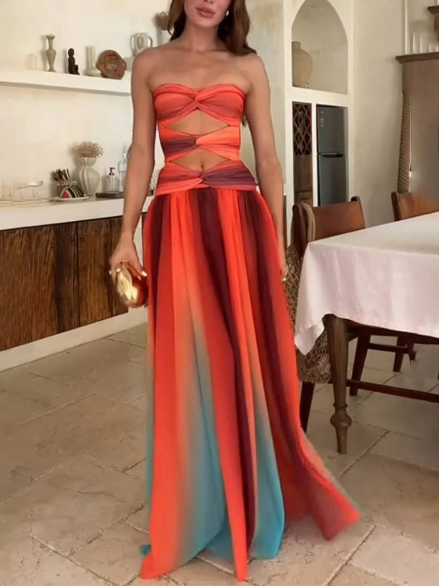 Vestito maxi donna fluido dégradé con fascia arricciata e découpe in vita