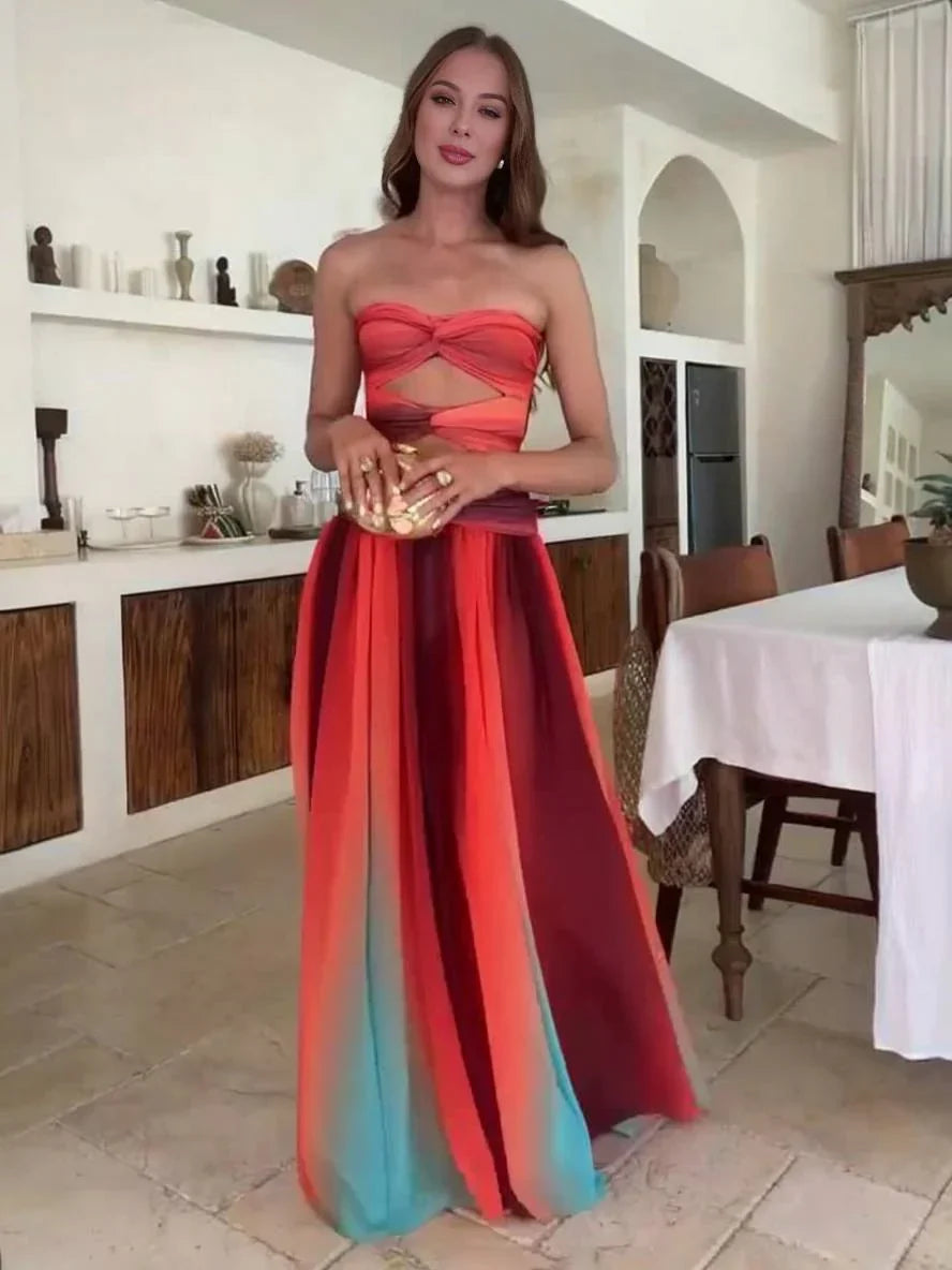 Vestito maxi donna fluido dégradé con fascia arricciata e découpe in vita