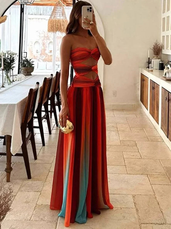 Vestito maxi donna fluido dégradé con fascia arricciata e découpe in vita
