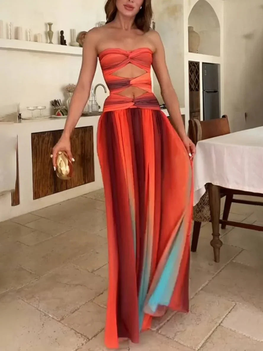 Vestito maxi donna fluido dégradé con fascia arricciata e découpe in vita