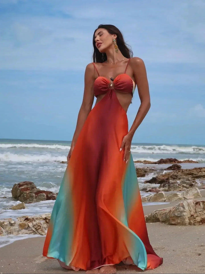 Vestito lungo donna con sfumatura arancione turchese e ritagli