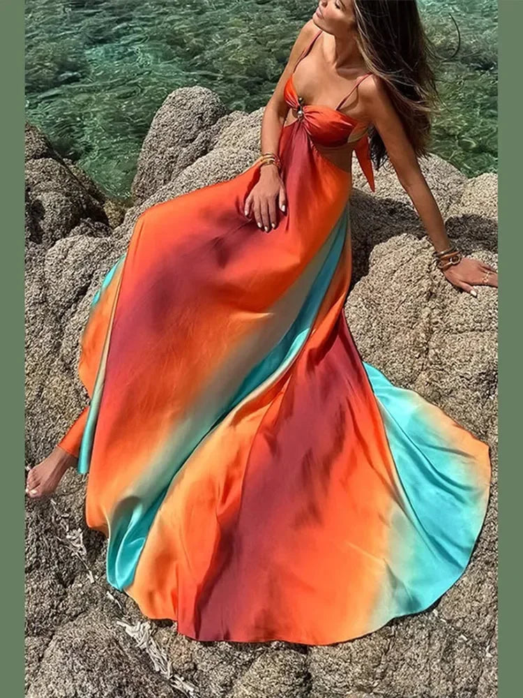 Vestito lungo donna con sfumatura arancione turchese e ritagli