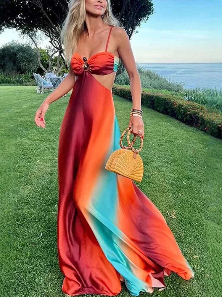 Vestito lungo donna con sfumatura arancione turchese e ritagli