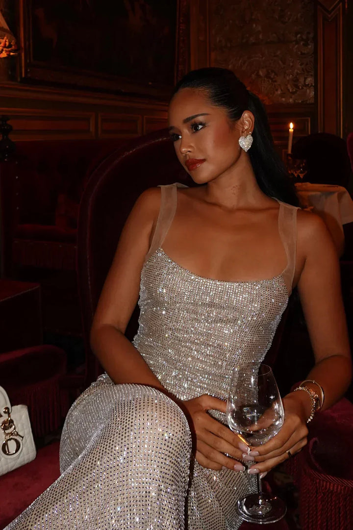 Vestito lungo da donna schiena nuda con paillettes