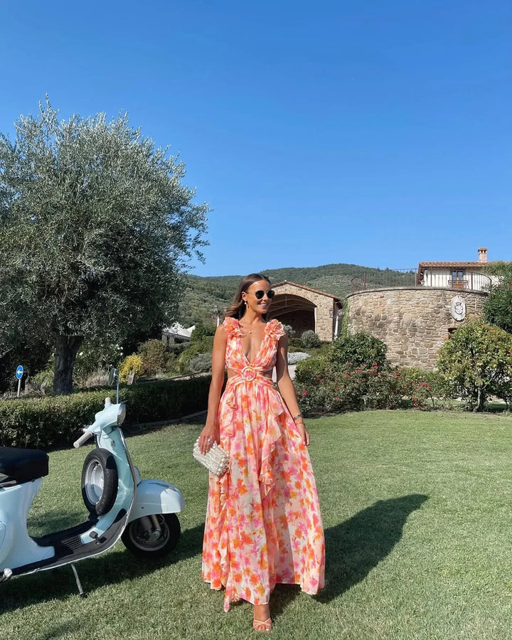 Vestito lungo da donna floreale senza maniche