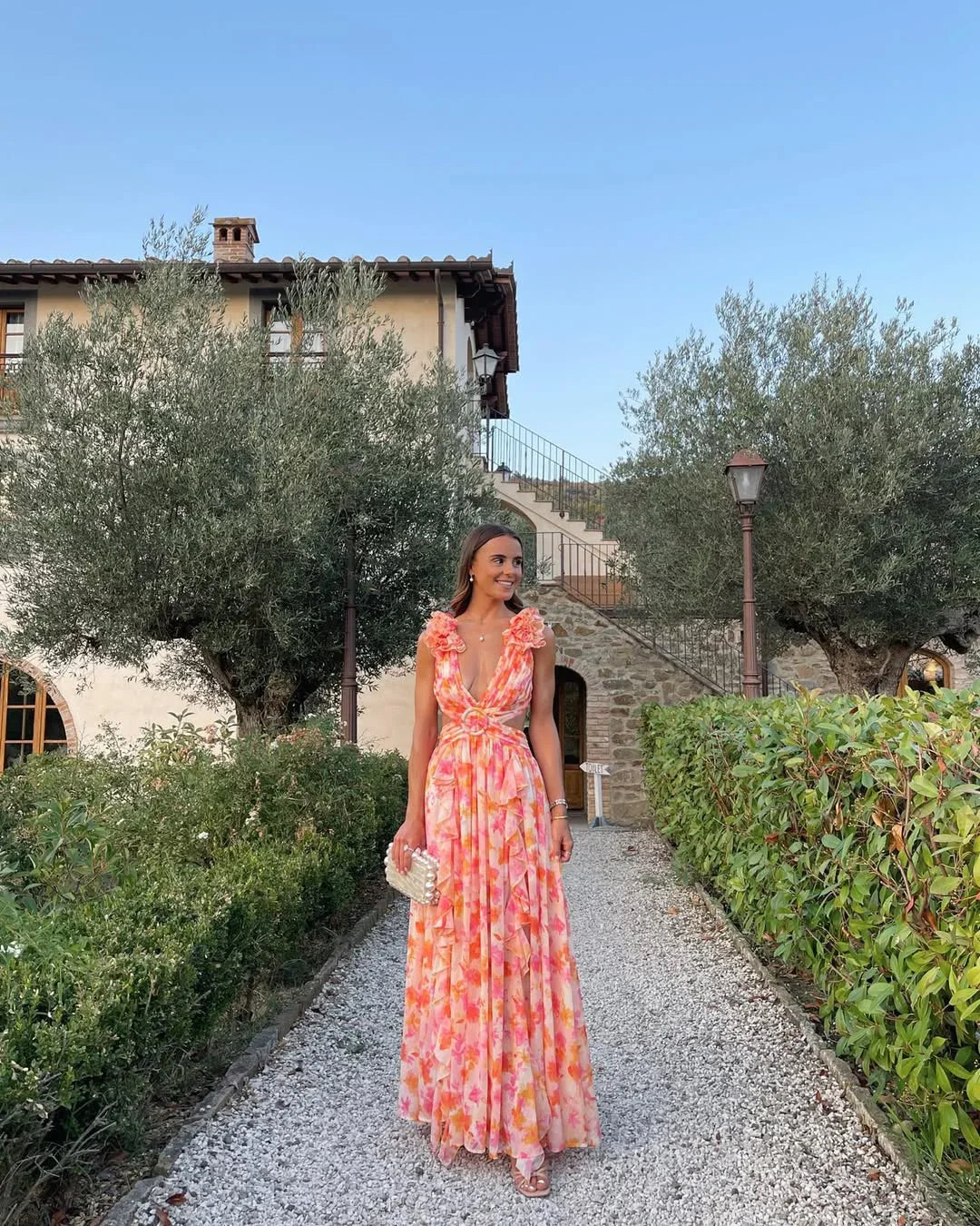 Vestito lungo da donna floreale senza maniche
