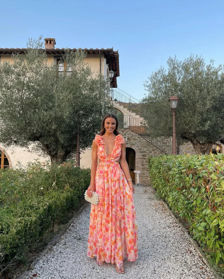 Vestito lungo da donna floreale senza maniche