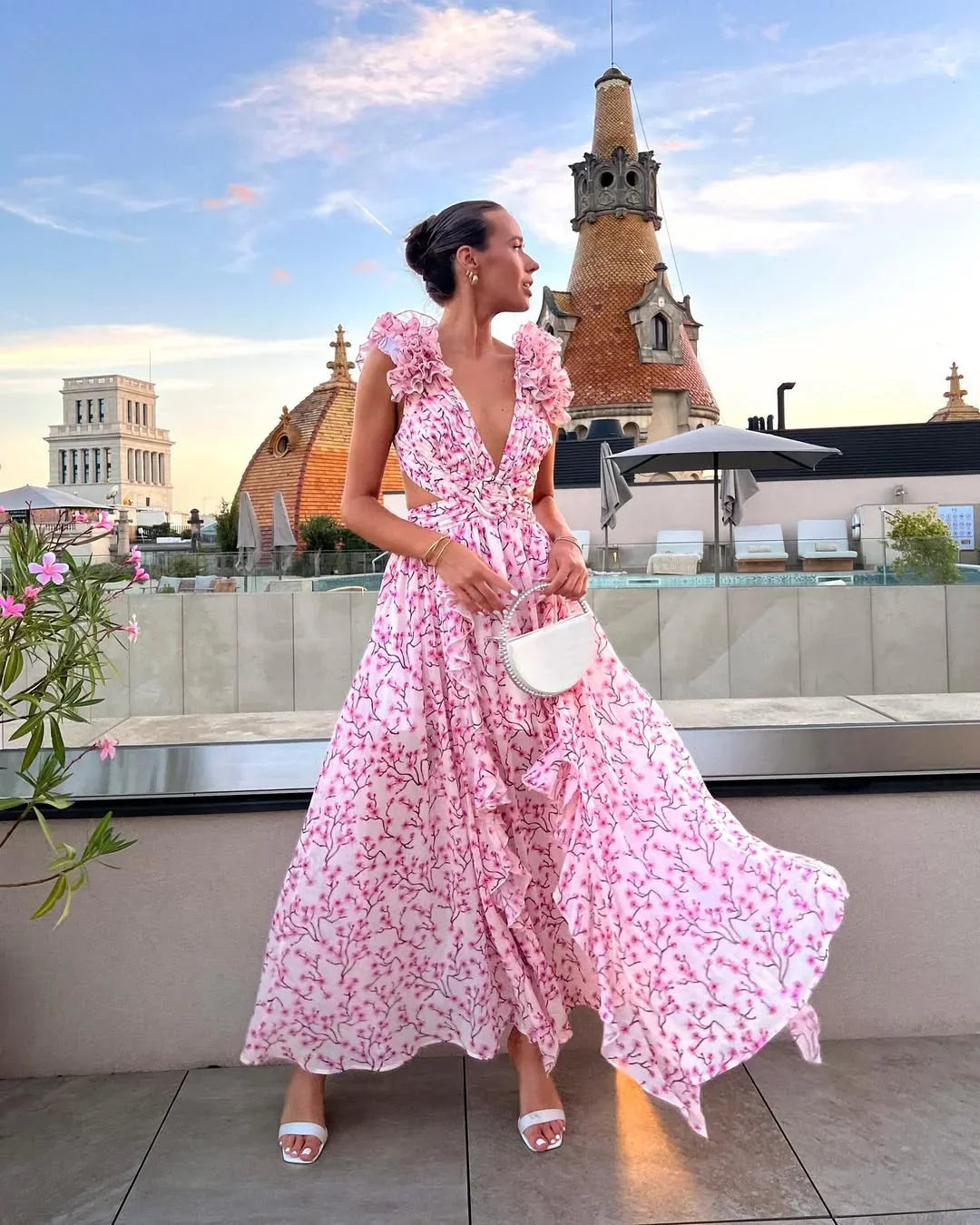 Vestito lungo da donna floreale senza maniche