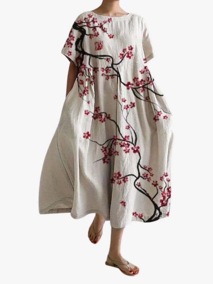 Vestito Maxi Donna Floreale Ampio Maniche Corte Tasche