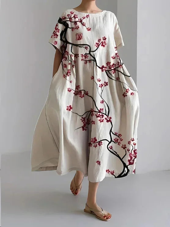 Vestito Maxi Donna Floreale Ampio Maniche Corte Tasche