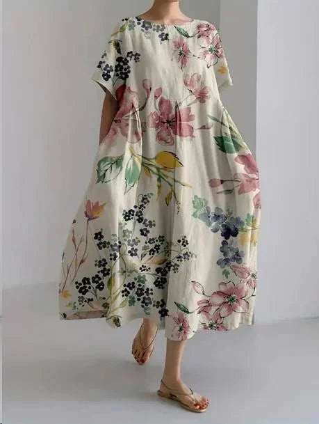 Vestito Maxi Donna Floreale Ampio Maniche Corte Tasche